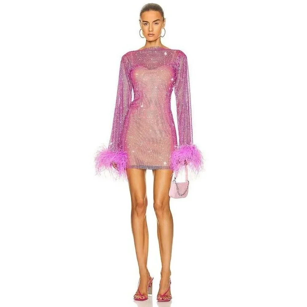 Santa Brands for FWRD Feathers Mini Dress Pink Rhinestones - Picture 2 of 7